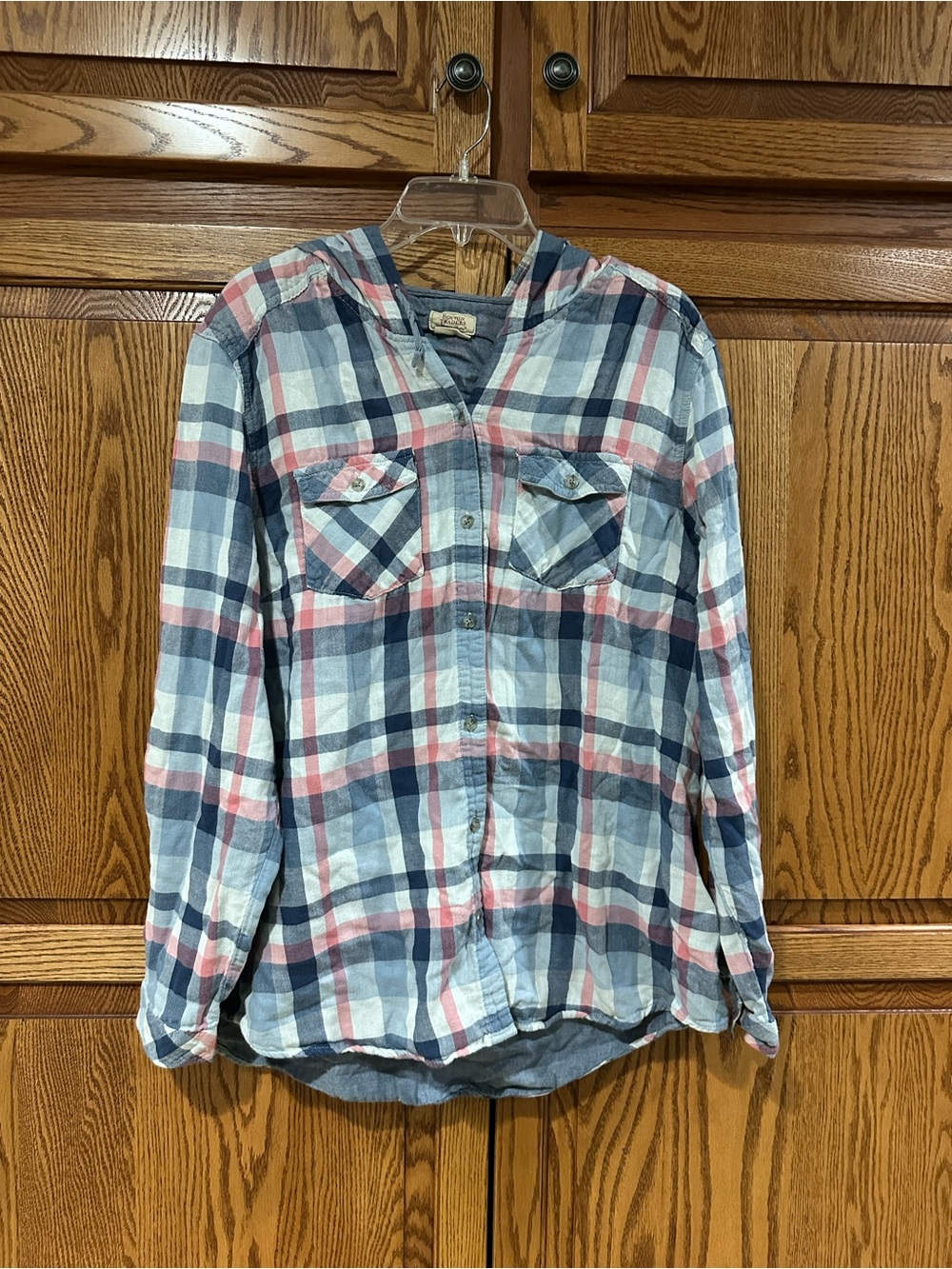 Boston Traders Womens XXL Hooded Plaid Shirt Blue Pink Button Up Flannel
